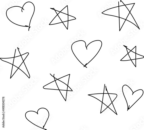 kid style painting hearts and stars on transparent background png