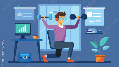 An office worker using VR to simulate a functional fitness routine lifting virtual weights and performing bodyweight exercises in their cubicle for a. Vector illustration