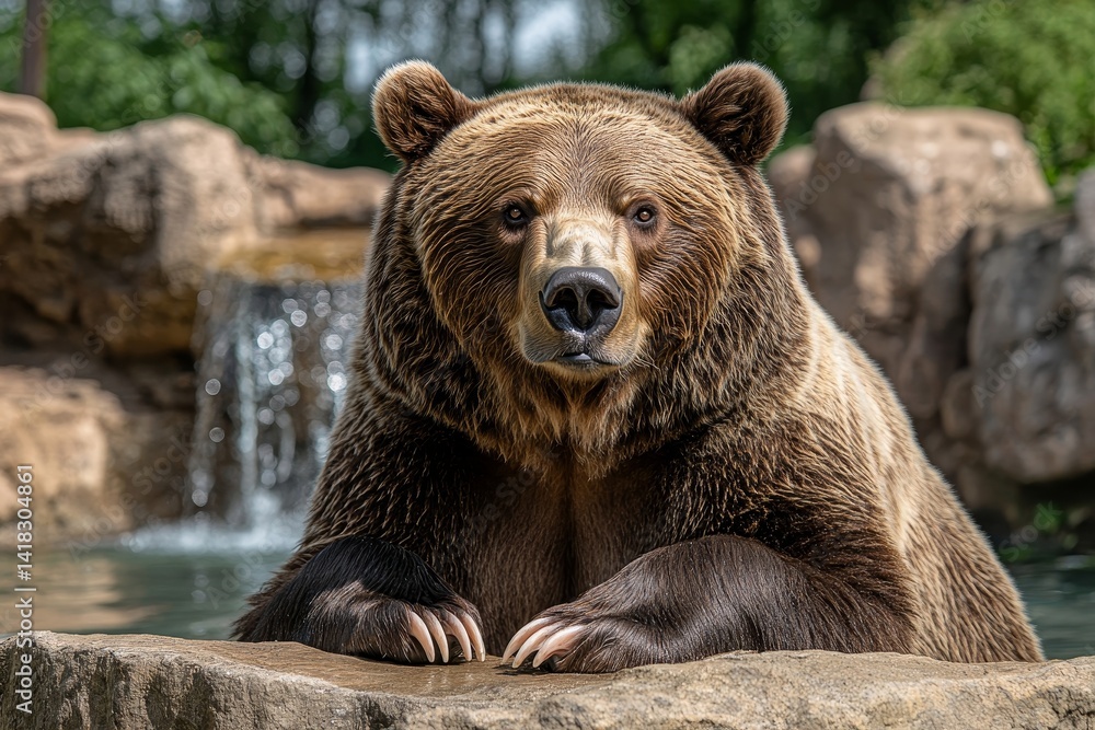 Fototapeta premium closeup on an angry brown bear showing its teeth with copyspace area