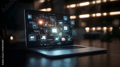 A laptop displaying a vibrant interface with educational icons and floating books surrounded by glowing shelves and dark wooden textures in the background