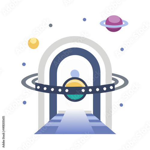 Space portal with planets and futuristic walkway design