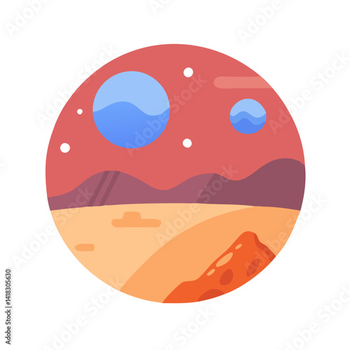 Illustration of a cartoon Martian landscape with two moons