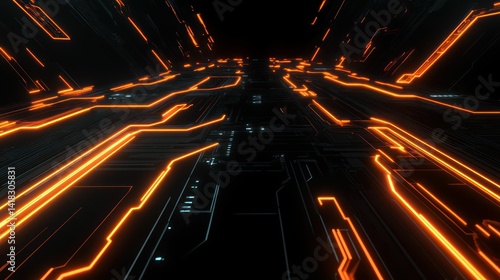 Futuristic circuit board with glowing orange lines on a black background.