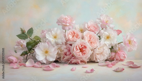 Delicate pink roses bouquet on pastel background.