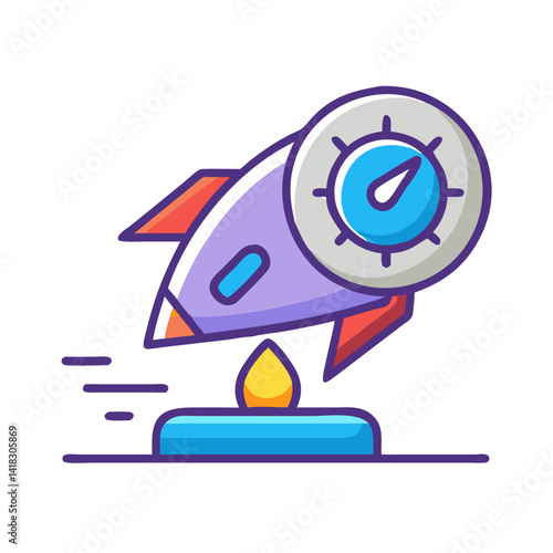 Cartoon rocket ship launching from platform illustration art