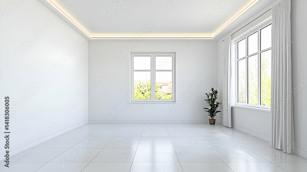 Obraz premium Empty White Room With Single Plant And Windows