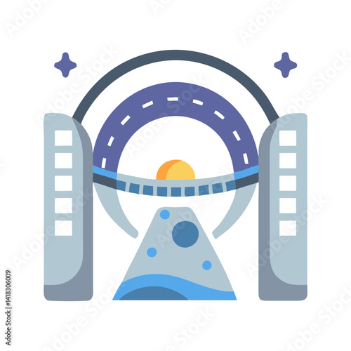 Futuristic city skyline with bridge and moon icon