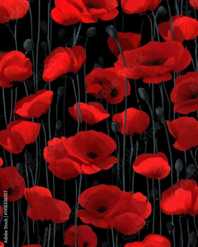 A vibrant and romantic pattern of stylized, bright red poppy blossoms on a black background, with stems and buds in a muted grey color.
