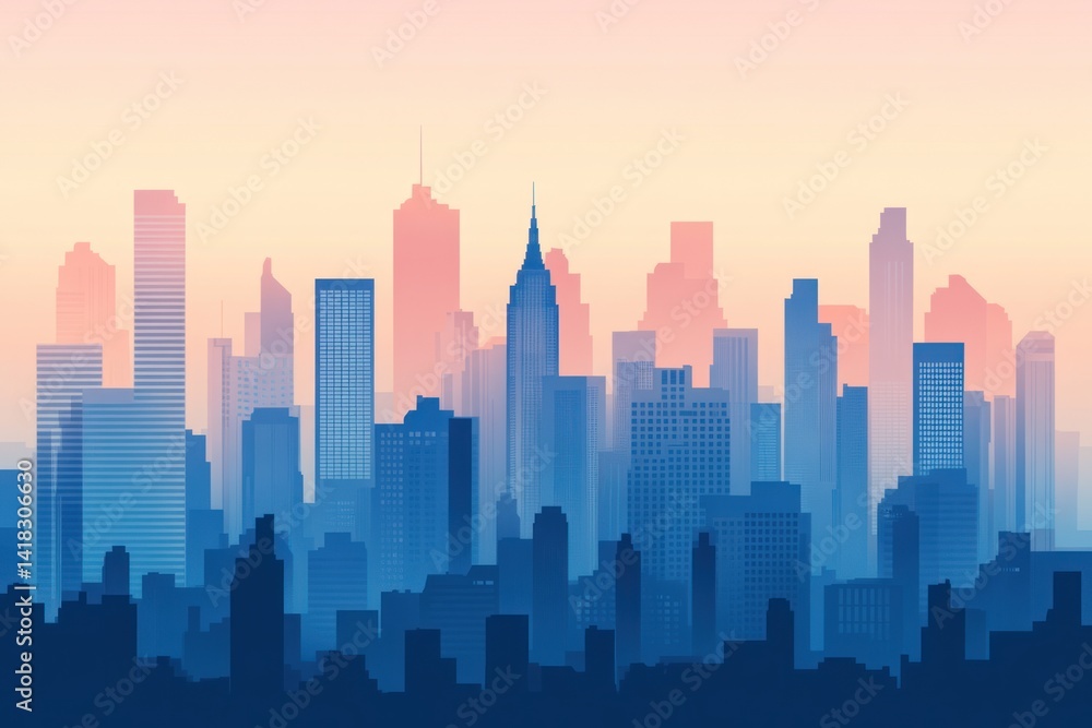 City skyline silhouette with tall buildings against a pastel gradient sky. City skyline silhouette with tall buildings against a pastel gradient sky.