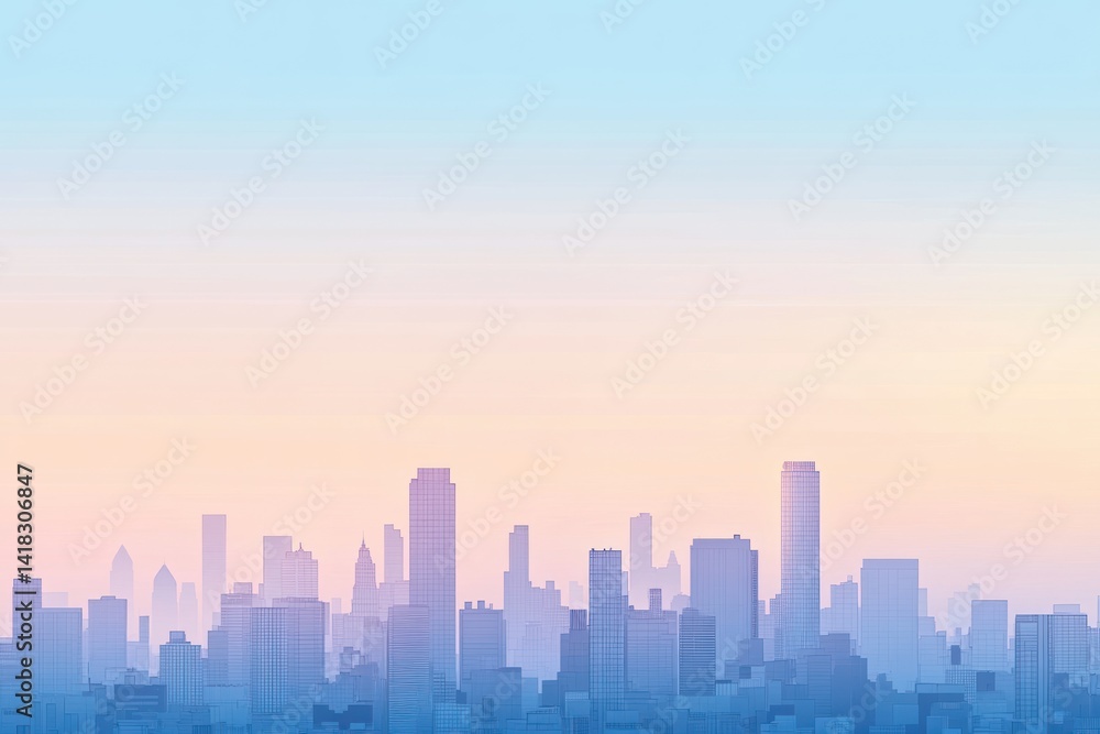 Fototapeta premium City skyline silhouette against a pastel gradient sky in soft focus.