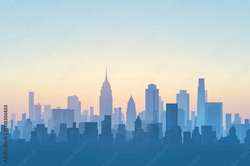 Fototapeta premium City skyline silhouette with skyscrapers against a gradient sky at dawn or dusk.