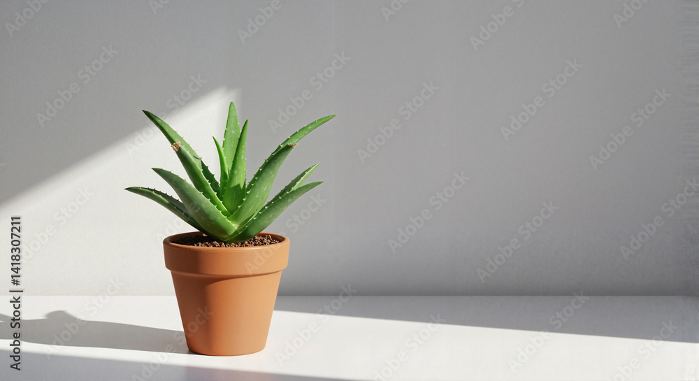 Potted aloe vera plant growing in sunlight against a minimalist background Potted aloe vera plant growing in sunlight against a minimalist background