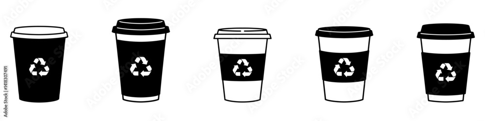 Coffee cup icons with recycling symbol. Black and white coffee cup icons