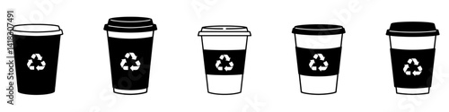 Obraz na płótnie Coffee cup icons with recycling symbol. Black and white coffee cup icons w salonie