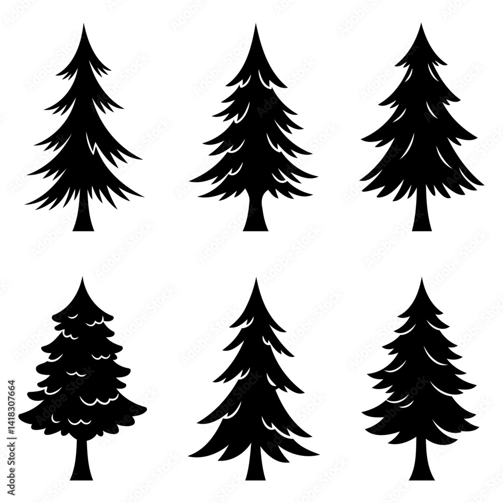 Christmas tree icons. Black christmas tree icons isolated on white background.