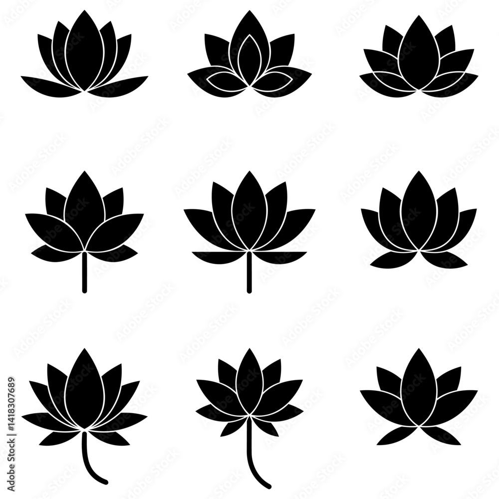 Lotus icons. Black lotus icons isolated on white background.