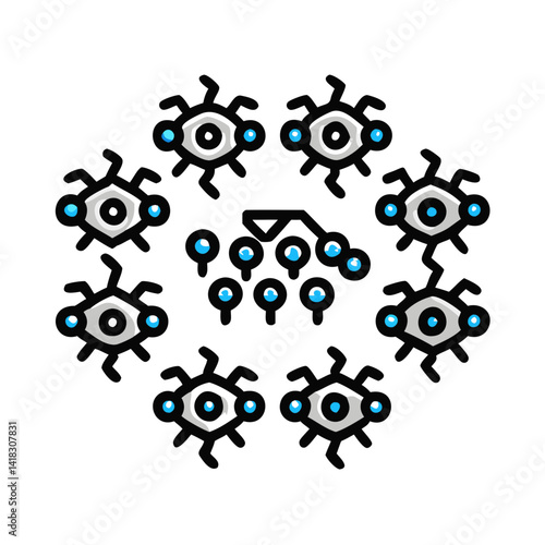 Cyclical Eye Design With Blue Pupils on Black Background