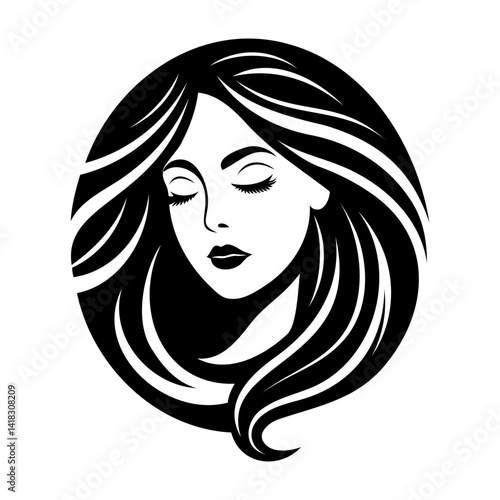 Obraz na płótnie Woman face with long hair icon. Black and white stylized illustration of a woman's face w salonie
