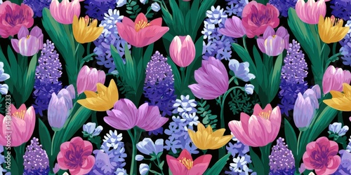 Floral Abundance: A vibrant tapestry of tulips and hyacinths in full bloom, creating a captivating floral design on a black backdrop.