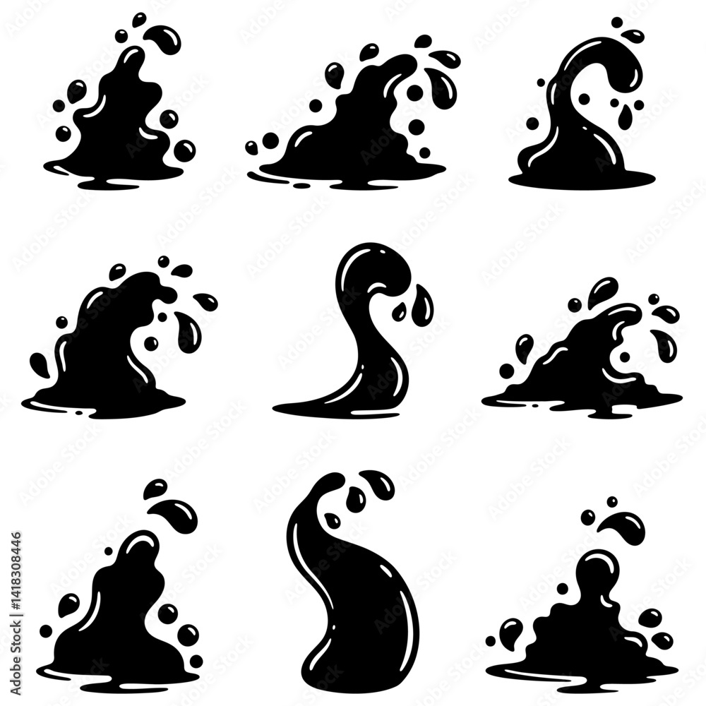 Water splash icons set. Black silhouettes of various water splash shapes with droplets