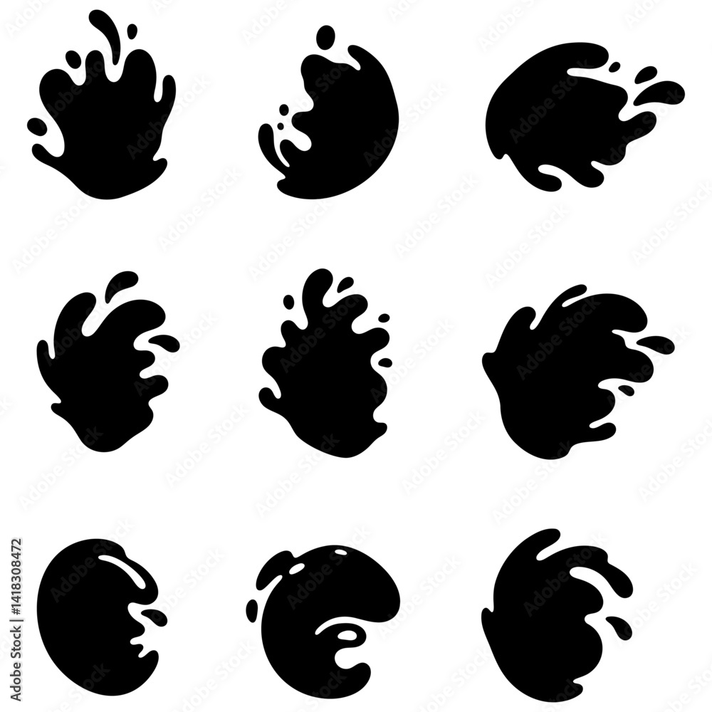 Water splash icons set. Black silhouettes of various water splash shapes with droplets