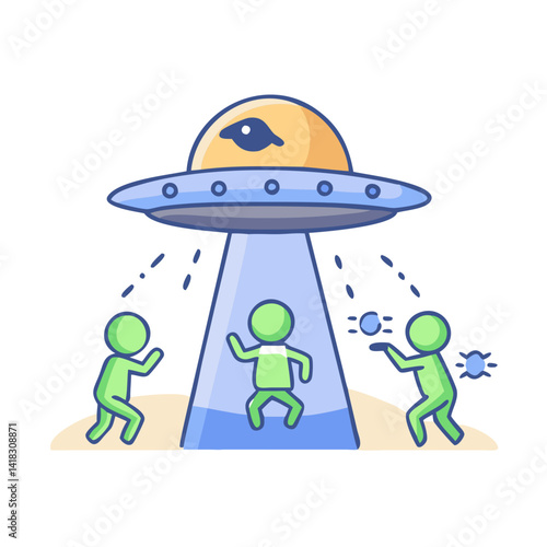 Cartoon aliens, UFO abduction, extraterrestrial encounter illustration