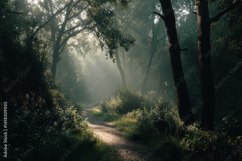 Fototapeta premium A tranquil path meanders through a misty forest, bathed in ethereal sunlight. Nature's beauty on display in a serene landscape.