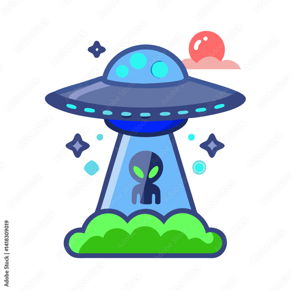 Cartoon Alien Spaceship Abduction Illustration on Black Background Cartoon Alien Spaceship Abduction Illustration on Black Background