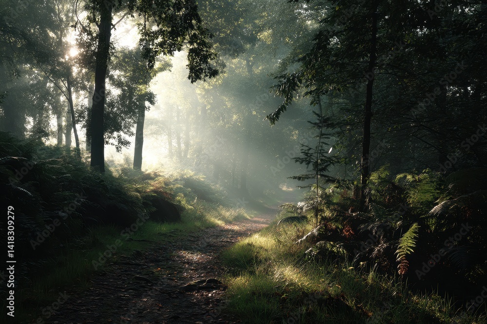 Fototapeta premium Sunbeams pierce a misty forest, illuminating a narrow path winding through lush greenery, creating a tranquil and enchanting scene.