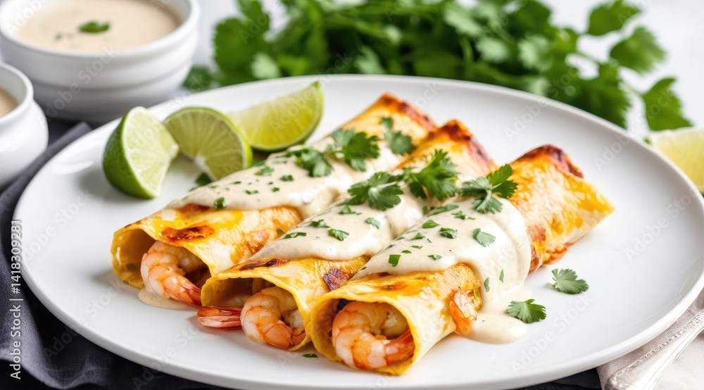 Tasty shrimp enchiladas topped with creamy sauce and cilantro served with fresh lime wedges on a white plate Tasty shrimp enchiladas topped with creamy sauce and cilantro served with fresh lime wedges on a white plate