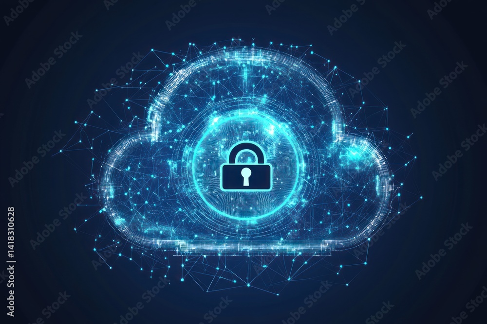 Blue cloud shape with padlock inside representing data security and network.