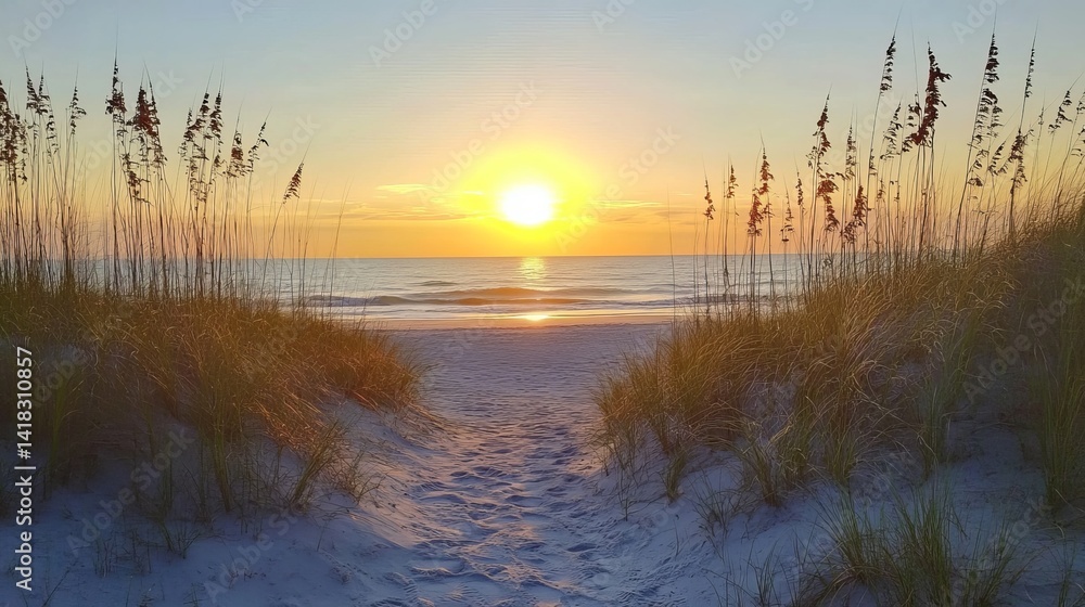 Fototapeta premium Serene Beach Sunset Golden Hour Peaceful Ocean View Tropical Grass Landscape Tranquil Summer Vacation Idyllic Seascape Beautiful Nature Scene Relaxing Coastal Path Sandy Beach Sunrise Scenic Seashore 