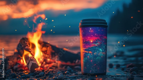 Campfire on the beach with twilight sunset and a cosmic designed to-go cup.