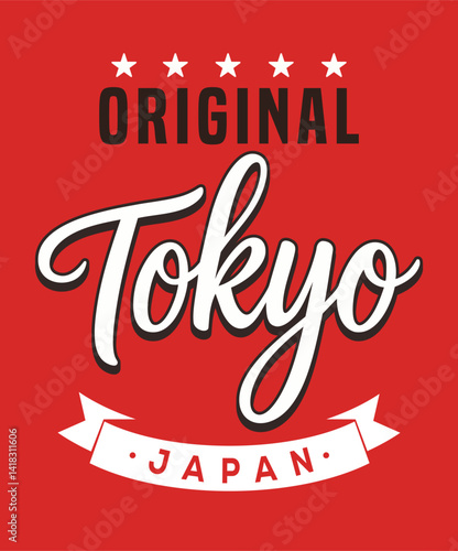 Vintage-style "ORIGINAL TOKYO" graphic in bold script with "JAPAN" banner below. White stars, red/black/white retro palette. Flat design, pointed banner, typographic focus.