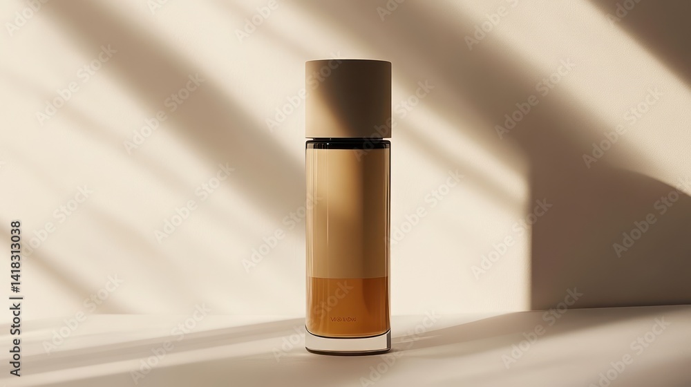 Elegant Transparent Bottle with Liquid Inside Set Against Softly Lit Background for Minimalist Elegant Transparent Bottle with Liquid Inside Set Against Softly Lit Background for Minimalist