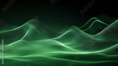 A digital landscape with green waves and a futuristic, technological vibe.