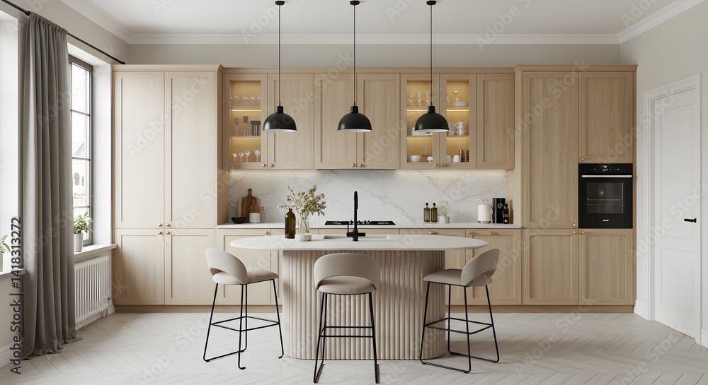 Modern and Beautifully designed kitchen showcasing a curved island, modern lighting, and a clean aesthetic Modern and Beautifully designed kitchen showcasing a curved island, modern lighting, and a clean aesthetic
