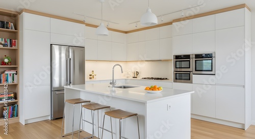 Clean, Modern and contemporary kitchen design featuring a countertop, built-in ovens, and open shelving