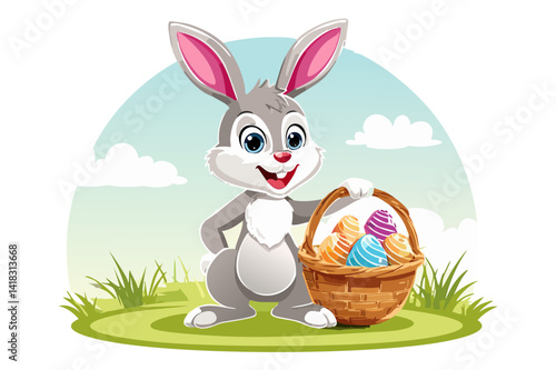 Cartoon smiling Easter bunny with a basket full of Easter eggs