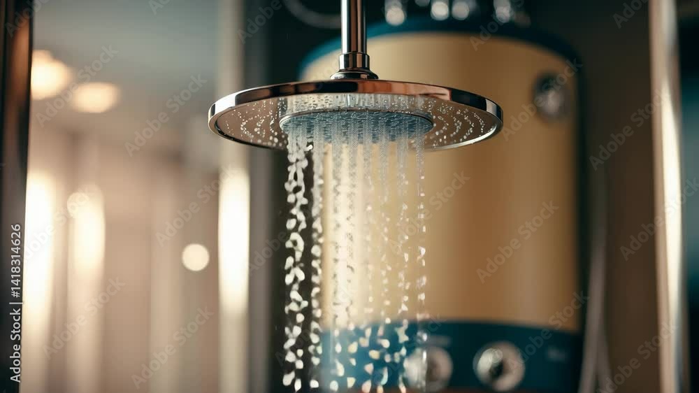 Rain shower head with electric water heater in background, water cascading down, indoor household furniture close-up Rain shower head with electric water heater in background, water cascading down, indoor household furniture close-up