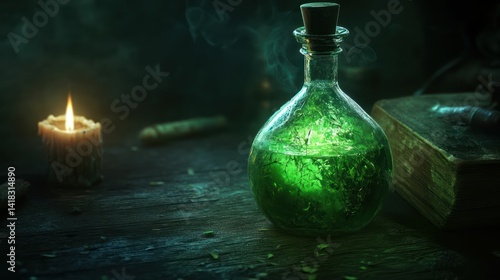 A potion bottle glows, set against a dimly lit, mystical, and vintage backdrop.