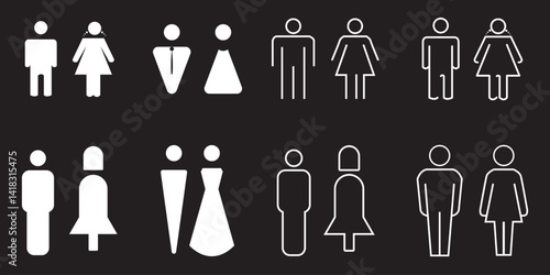 Restroom icon flat set Woman, man public toilet vector for apps or web female and male hygiene washrooms symbol ladies and gentlemen WC bathroom UI icon doorplate isolated on transparent background