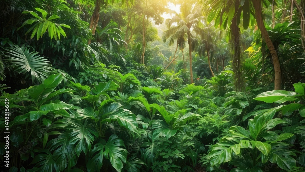 Fototapeta premium A close-up view of lush tropical foliage featuring large, glossy green leaves, including split and elongated forms