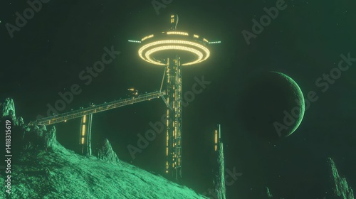 Fototapeta Naklejka Na Ścianę i Meble -  Futuristic space station on a distant planet with a green atmosphere.