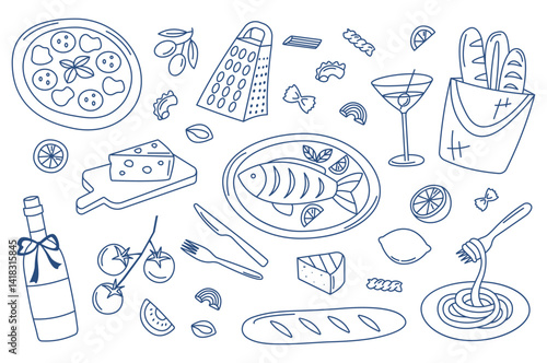 Italian la dolce vita set. Hand drawn mediterranean food doodles. Vintage picnic and family dinner table elements for menu or packaging design.