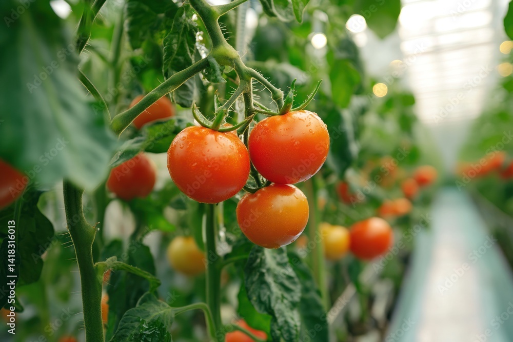 Tomatoes ripening on vines in a greenhouse agricultural setting. Tomatoes ripening on vines in a greenhouse agricultural setting.