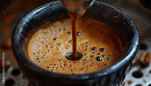 Espresso pouring into a dark ceramic cup.