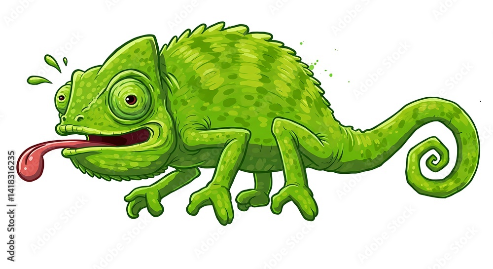 Naklejka premium Cartoon chameleon with its tongue out, brightly colored on a white background.