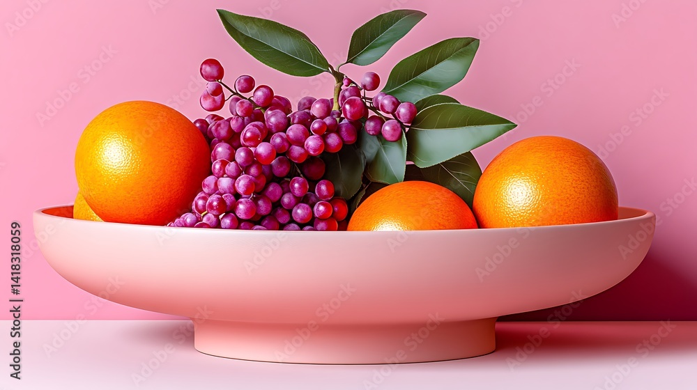 Pink bowl holds oranges & grapes Pink bowl holds oranges & grapes