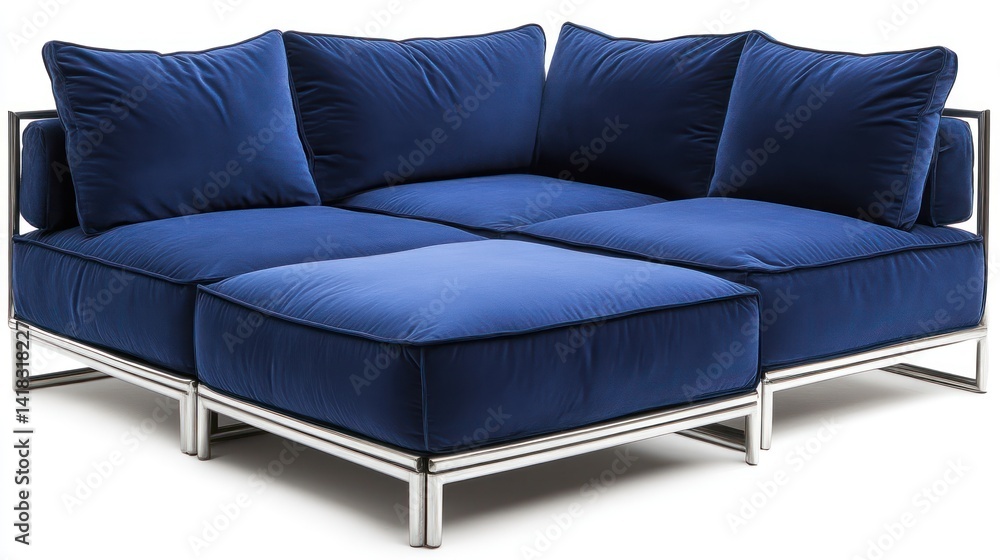 Fototapeta premium Modern Blue Velvet Sofa with Chrome Frame and Plush Cushions for Contemporary Living Spaces